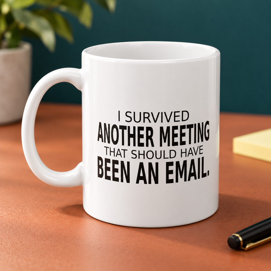 Styled view of the white 11 oz meeting humor mug on a terracotta desk. Other objects are styling props.