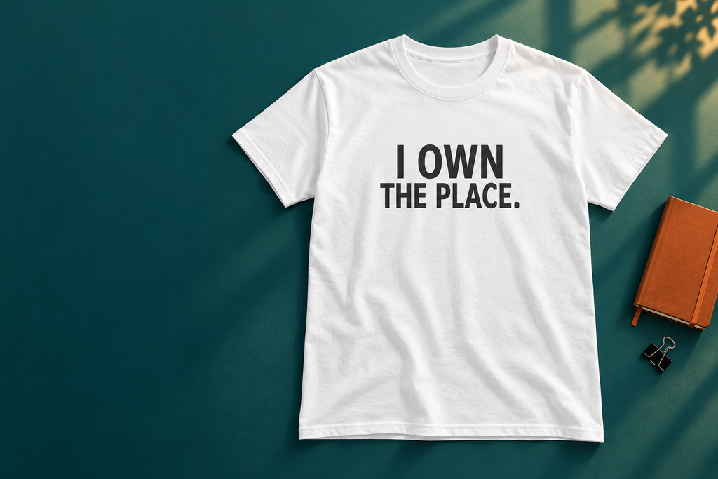 Styled view of the white I Own the Place T-shirt on a teal desk. Notebook is a styling prop.